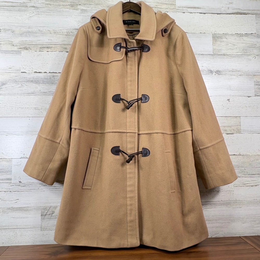 Braetan Duffle Coat Wool Blend Women Tan Toggle Hooded Winter Outerwear Preppy